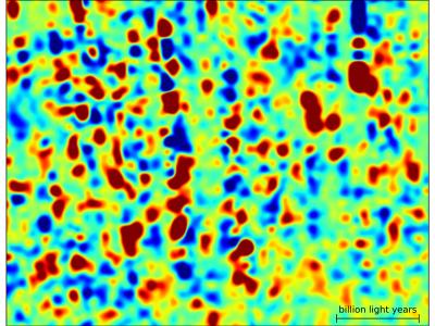 A zoomed-in view of a small 2-D section of the new 3-D map of intergalactic hydrogen gas in the distant universe. Red areas have more gas; blue areas have less gas. The black scalebar at the bottom right measures one-billion light years. Credit: SDSS