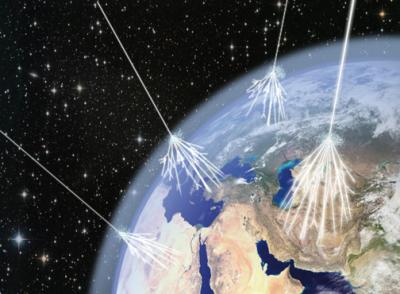 Artistic impression of cosmic rays entering Earth's atmosphere. Credit: CERN/Asimmetrie/Infn.
