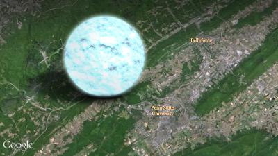 A neutron star is the densest object astronomers can observe directly, crushing half a million times Earth's mass into a sphere about 12 miles across -- roughly the size of Pittsburgh, or the distance between the Penn State University Park Campus and Bellefonte, Pennsylvania, as shown in this illustration. Credit: NASA's Goddard Space Flight Center and Penn State University