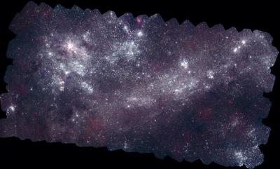 Nearly a million ultraviolet sources appear in this mosaic of the Large Magellanic Cloud, which was assembled from 2,200 images taken by Swift's Ultraviolet/Optical Telescope. UV image credit: NASA/Swift/S. Immler (Goddard) and M. Siegel (Penn State). Visible image credit: Axel Mellinger, Central Michigan Univ.