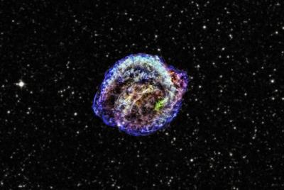 This composite of images from NASA's Chandra X-ray Observatory shows the remnant of Kepler's supernova in low-energy (red), intermediate-energy (green) and high-energy (blue) X-rays. Credit: X-ray: NASA/CXC/NCSU/M.Burkey et al.; optical: DSS