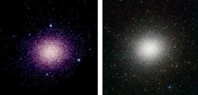 One of the first targets for the Swift observatory's stellar survey was the giant cluster Omega Centauri, which hosts millions of stars and may be the remains of a small galaxy. Credit for image on left: NASA/Swift/S. Holland (GSFC), M. Siegel and E. Fonseca (PSU) Credit for image on right: A. Grado/INAF-Capodimonte Observatory. Captured by the VST ESO/INAF-VST/OmegaCAM.