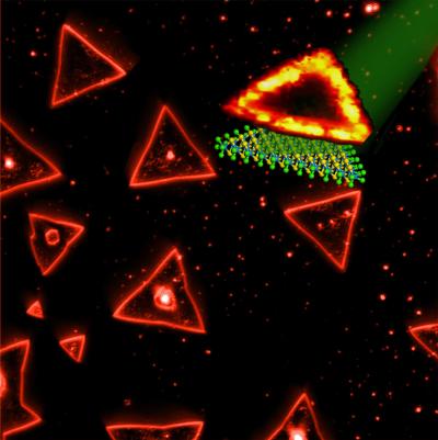Triangular single layers of tungsten disulfide have been synthesized by Penn State researchers. The edges of the triangles exhibit extraordinary photoluminescence, while the interior area does not. The photoluminescent signal disappears as the number of layers increases. Credit: Terrones lab, Penn State University