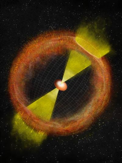 This illustration is an example of a hidden cosmic-ray accelerator. Cosmic rays are accelerated up to extremely high energies in dense environments close to black holes. High-energy gamma rays (marked by the “Y” gamma symbol) are blocked from escaping, while neutrinos (marked by the “V”nu symbol) easily escape and can reach the Earth.  Credit: Bill Saxton at NRAO/AUI/NSF, modified by Kohta Murase at Penn State University