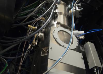The FEI Titan/Krios transmission electron microscope, cryo-EM, can image structures down to the atomic level and can provide spectrographs of compounds and elements. Credit: Patrick Mansell