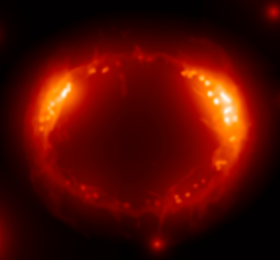 An international team of researchers combined observations of nearby supernova SN1987A, made with NASA's Chandra X-Ray Observatory, with simulations to measure the temperature atoms in the shock wave that occurs from the explosive death of a star. This image superimposes synthetic X-ray emission data onto a density map with from the simulation of SN1987A. Credit: Marco Miceli, Dipartimento di Fisica e Chimica, Università di Palermo, and INAF-Osservatorio Astronomico di Palermo, Palermo, Italy