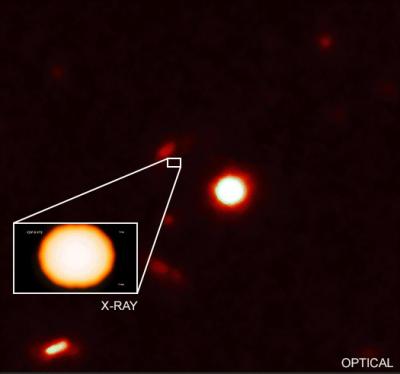 A bright burst of X-rays discovered by NASA’s Chandra X-ray Observatory likely signals the merger of two neutron stars— dense stellar objects packed mainly with neutrons. Credit: X-ray: NASA/CXC/Univ. of Science and Technology of China/Y. Xue et al.; Optical: NASA/STScI
