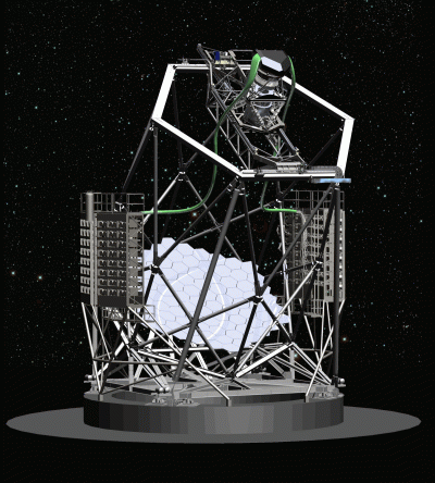 Artist's concept of the upgraded Hobby-Eberly Telescope. The VIRUS spectrographs are contained in the curved gray "saddlebags" on the side of the telescope. They receive light through the green cables, which contain bundles of fiber-optic lines. This illustration shows the telescope without its enclosing dome. Credit: McDonald Observatory/HETDEX Collaboration