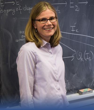 Mathematics professor Kirsten Eisenträger in front of a chalkboard.