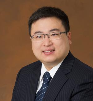 A person wearing a dark pinstripe suit, white dress shirt, and a blue tie with diagonal stripes. The background is a solid brown color. 