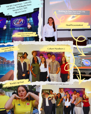 Collage of a summer research experience featuring a student’s astronomy presentation, Kennedy Space Center visit, cohort group photos, and World Cup celebration.