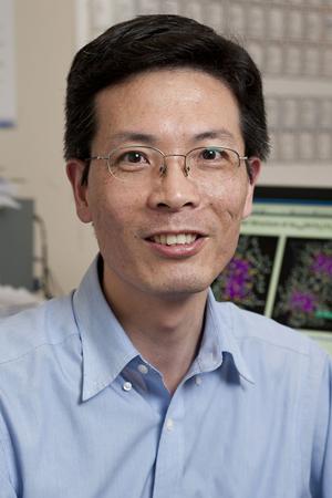 Professional portrait of a person wearing glasses and a light blue shirt, seated in an office with computer monitors.