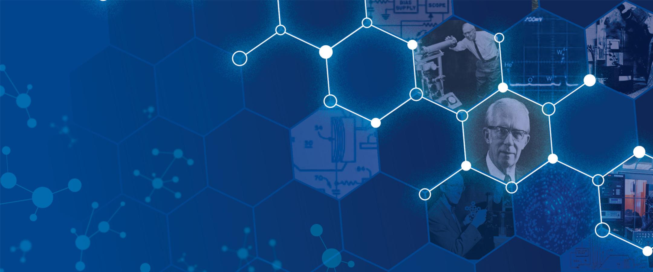 Müller Exhibition hero banner image with a honeycomb grid with a photo.