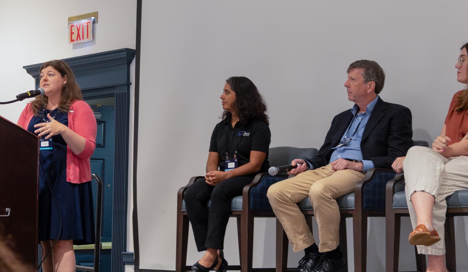 The science communication panel at the Big Ten Neuroscience Symposium: (L-R) Heather Robbins, moderator; Jayatri Das, Jon Hamilton, and Aubrey Whelan. 