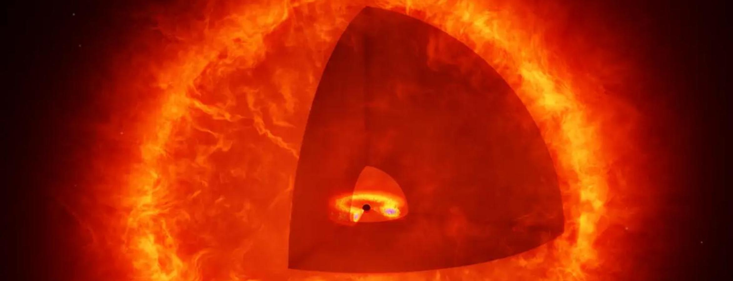 artist's version of a black hole star, with section removed to see core