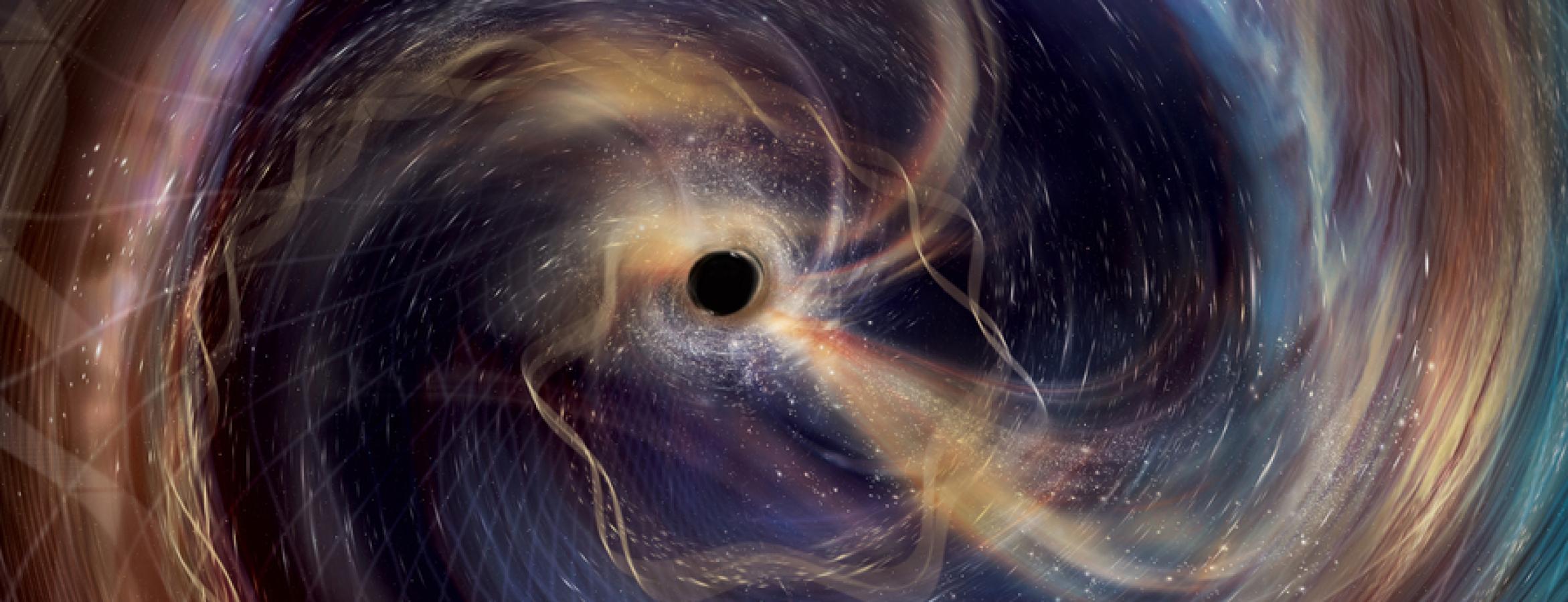 Illusrtration of merging black holes with swirling gravitational waves eminating from black hole at center
