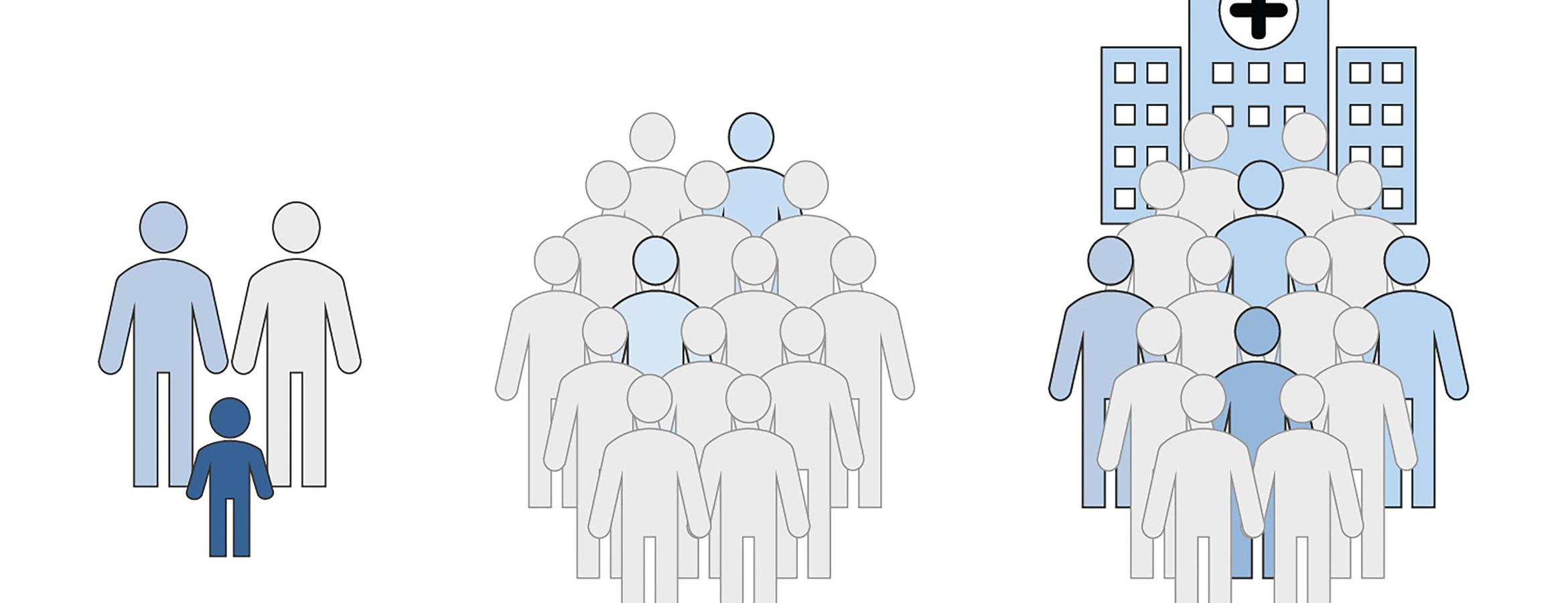 Line drawing of parents with child, group of individuals and group of individuals in front of hospital.