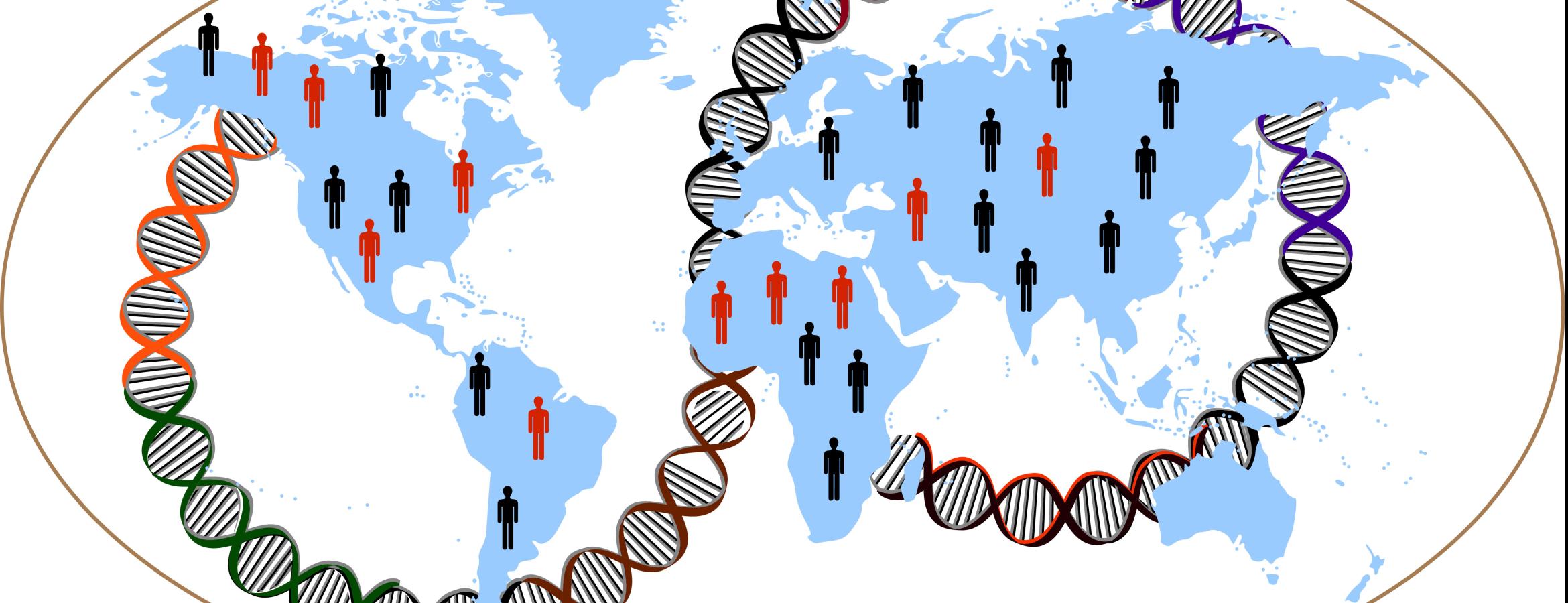 Map of the world surrounded by DNA helix with red and black human figures