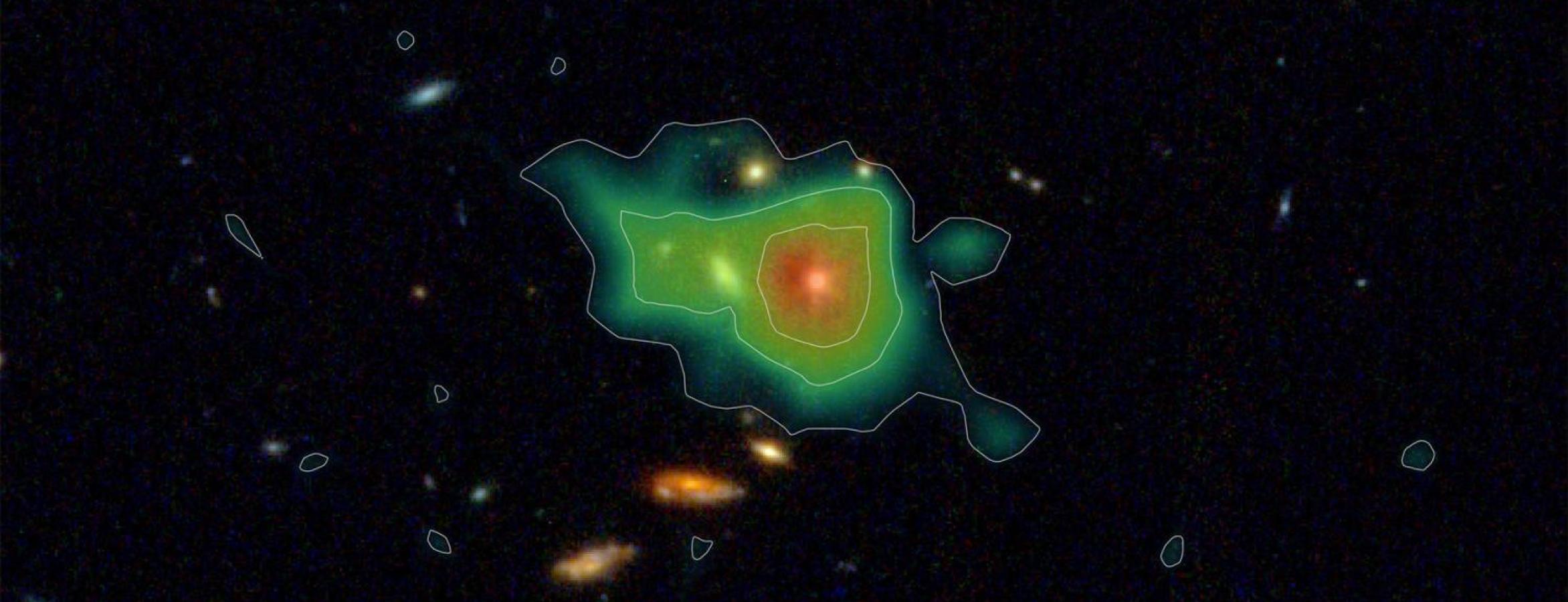 green area of hydrogen gas superimposed on JWST galaxy image