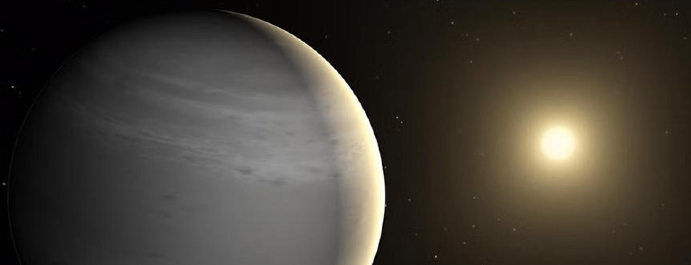 gas giant planet in foreground with a sun in background