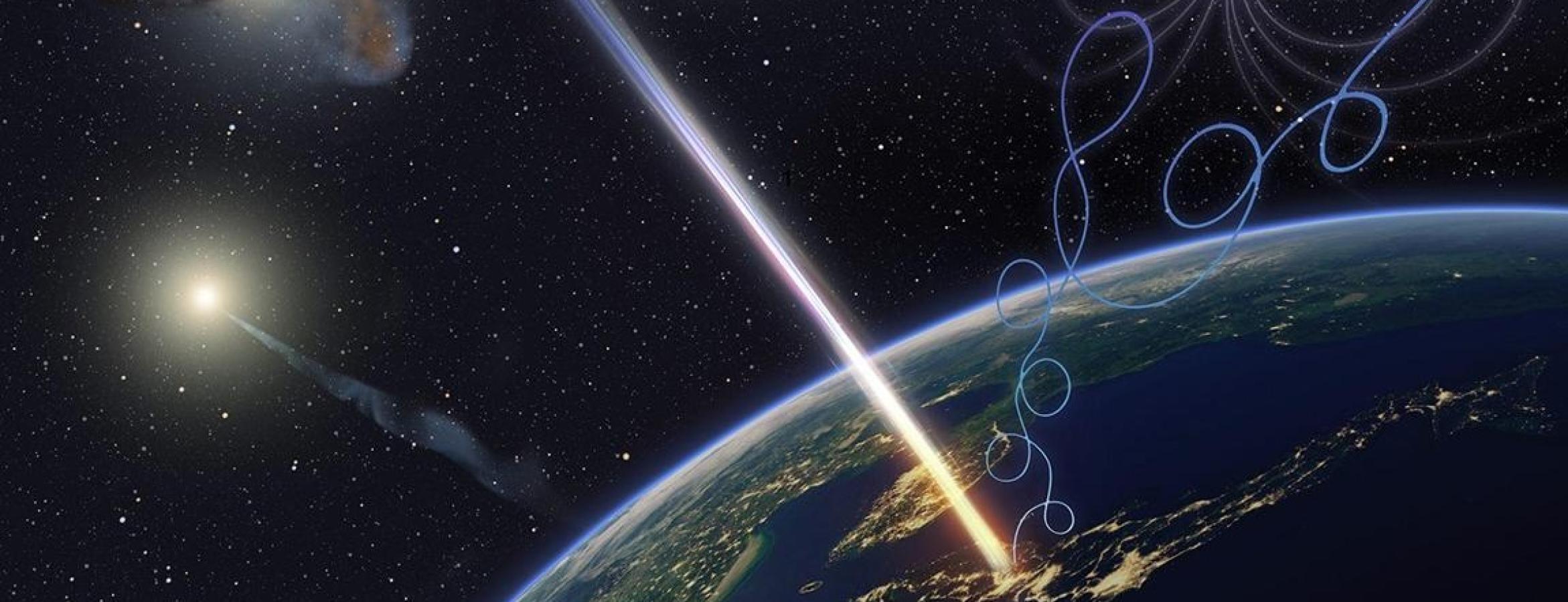 image of particles heading toward earth with not-to-scale galaxies in the background