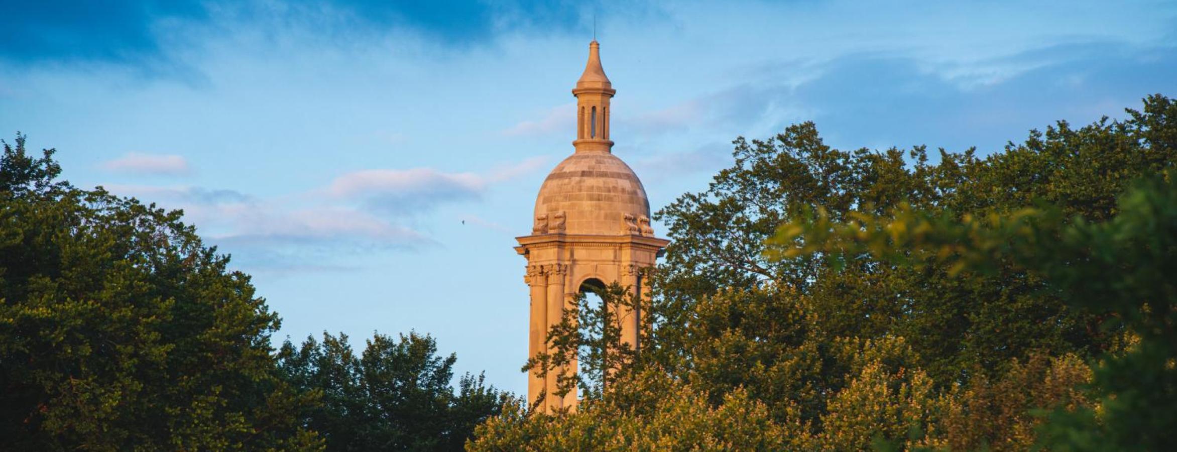 Old Main tower through the trees