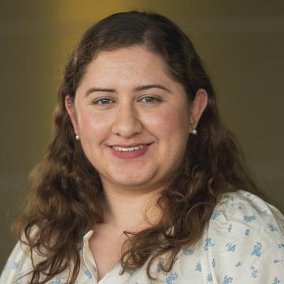Image of a woman in a white and blue shirt, smiling at a camera