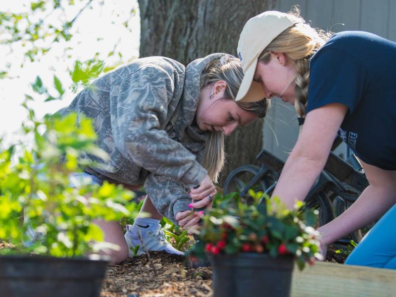two students dig in dirt with potted plants in foreground
