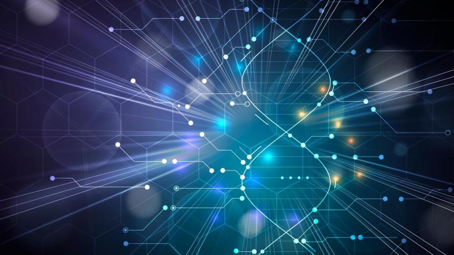 Abstract digital illustration of a glowing DNA double helix with interconnected nodes and lines on a dark background, symbolizing genetics and technology.