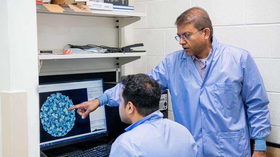 Ganesh Anand and a graduate student researcher looking at a research image on a monitor in the lab.