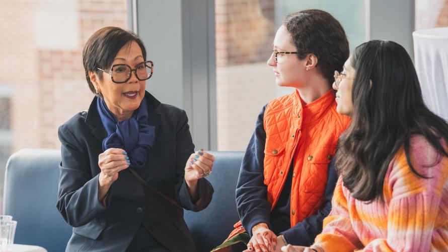 Dazzle Dry creator Vivian Valenty talking to students during the spring 2026 Dazzle Dry event at the University Park campus.