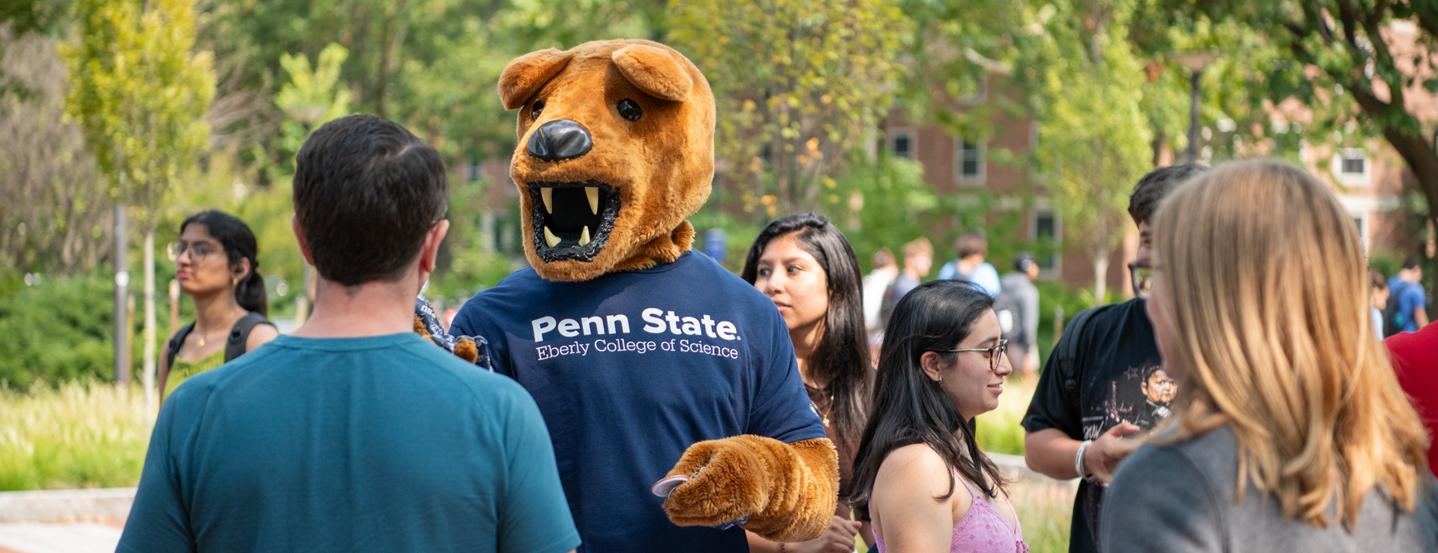 The Nittany Lion Mascot interacting with students at the Science Fest event during the 2025 fall semester.