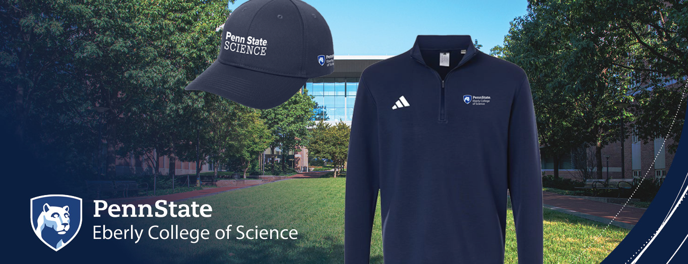Eberly College of Science pop-up brand shop graphic with a baseball hat and a long-sleeve T-shirt.