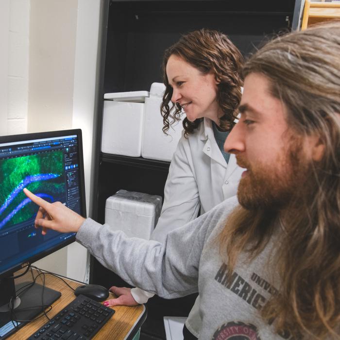 Chad Brunswick points to computer screen while Janine Kwapis watches