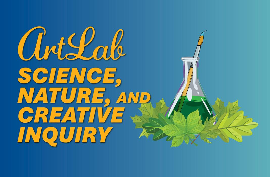 Erlenmeyer flask with paint brush in it and leaves surrounding