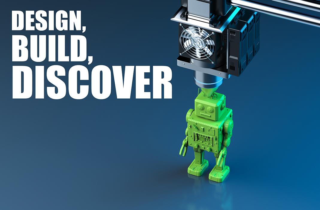 Green robot being 3D printed