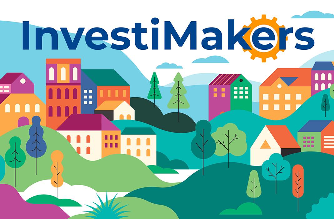 Investimakers logo with rolling hillss, houses, and buildings