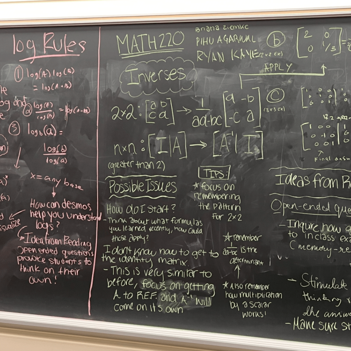 Chalkboard with "log rules" and Math 220 class notes.