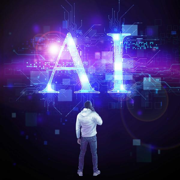 illustration of a man looks up at letters AI  with networks behind it
