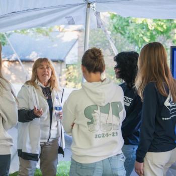 Group of Eberly students listening to Karen Blair talking to them.