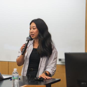 Graduate student Katie Yan moderated a Q&A session at the college's “Celebrating Penn State’s Milestones in Physics” event on Sept. 5.
