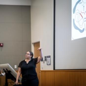 Presenter gestures toward projected slide while standing at podium in lecture room with screen and equipment visible.
