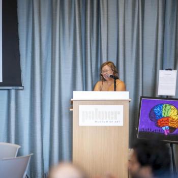 Nikki Crowley, director of the Penn State Neuroscience Institute-University Park and associate professor of biology, biomedical engineering, and neurosurgery gave opening remarks at the Palmer Museum of Art.