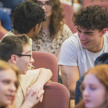 Two students getting to know each other at the Dean's Welcome event for Penn State Eberly College of Science students.