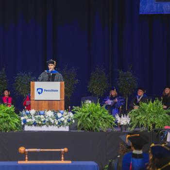 Commencement speaker Mario Ciabarra addressing the audience.