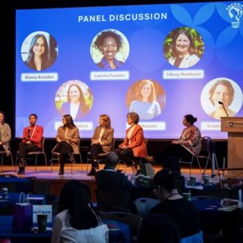 Panelists seated onstage during a panel discussion with a large screen behind them.