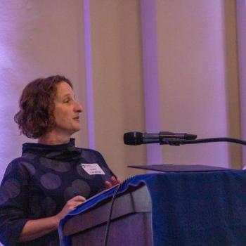 Tracy Langkilde, dean of the Eberly College of Science, speaking at the Franklin Institute